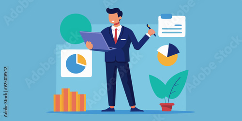 Business man character set. Man looks at the report, takes notes, reads, points. Full length guy in a business suit. Vector illustration
