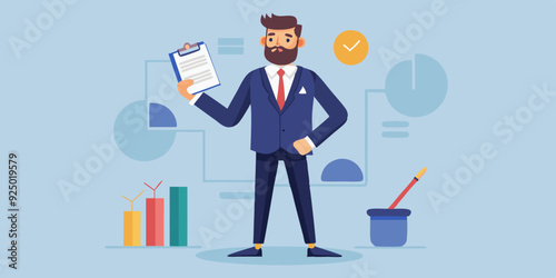 Business man character set. Man looks at the report, takes notes, reads, points. Full length guy in a business suit. Vector illustration
