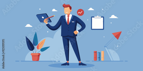 Business man character set. Man looks at the report, takes notes, reads, points. Full length guy in a business suit. Vector illustration
