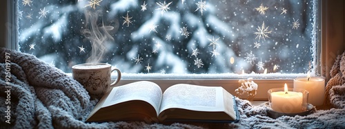 A cozy scene with an open book, a cup of coffee, and candles on the windowsill overlooking snow falling outside