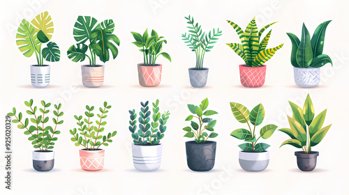 Set of different plants in pots isolated on white background illustration