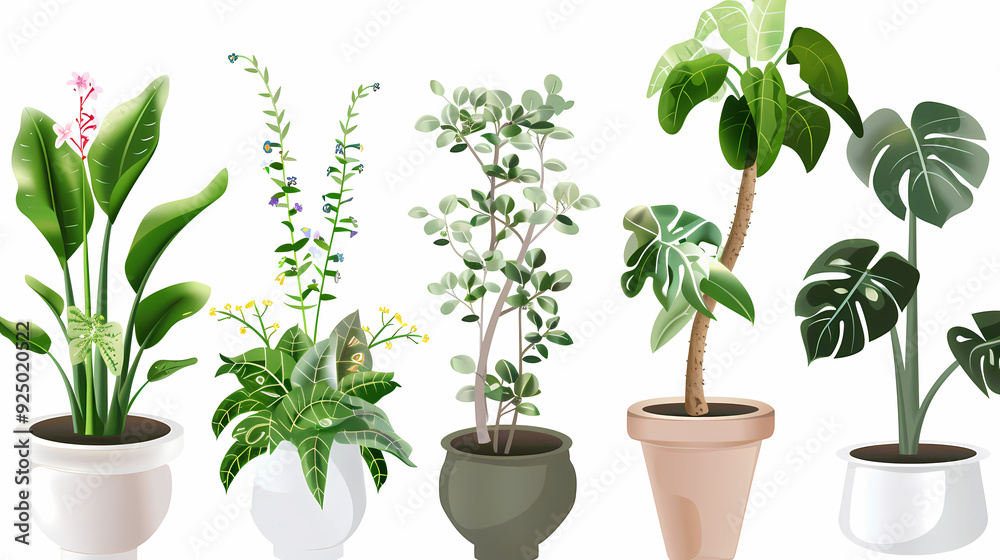 Set of different plants in pots isolated on white background illustration Set of different plants in pots isolated on white background illustration