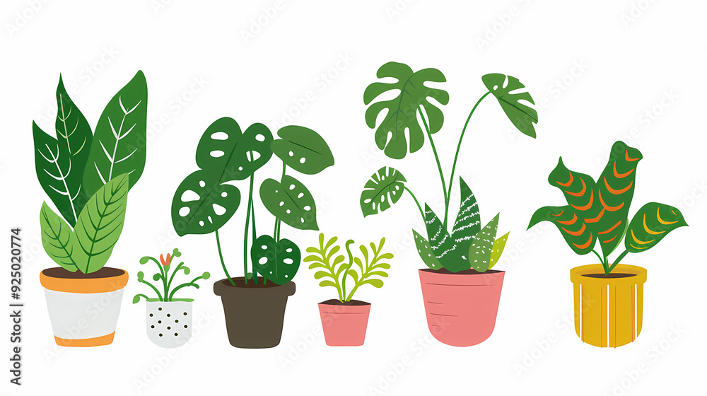 Obraz premium Set of different plants in pots isolated on white background illustration