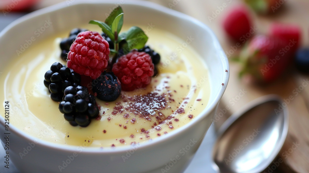 A creamy bowl of custard, smooth and velvety, invitingly topped with a sprinkle of fresh fruit. A creamy bowl of custard, smooth and velvety, invitingly topped with a sprinkle of fresh fruit.