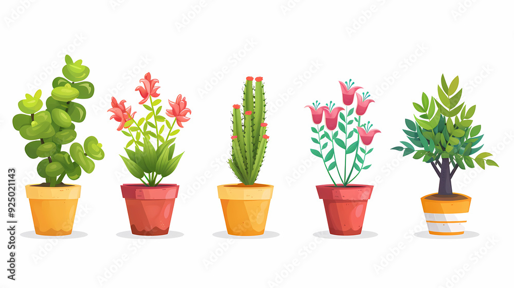 Obraz premium Set of different plants in pots isolated on white background illustration
