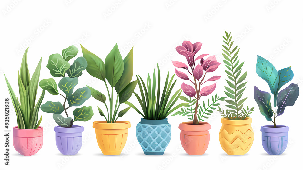 Set of different plants in pots isolated on white background illustration Set of different plants in pots isolated on white background illustration