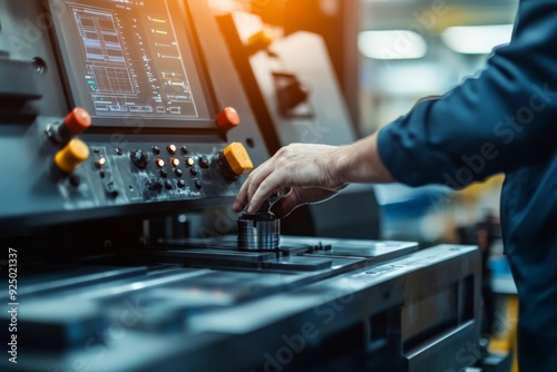 Worker adjusting controls on a industrial machine in a factory setting, with focus on hand and control panel, engineering and technology concept.
