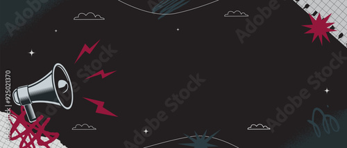 A black and white banner with a loudspeaker, scraps of paper and spots. Vector design of the ad template in collage style.