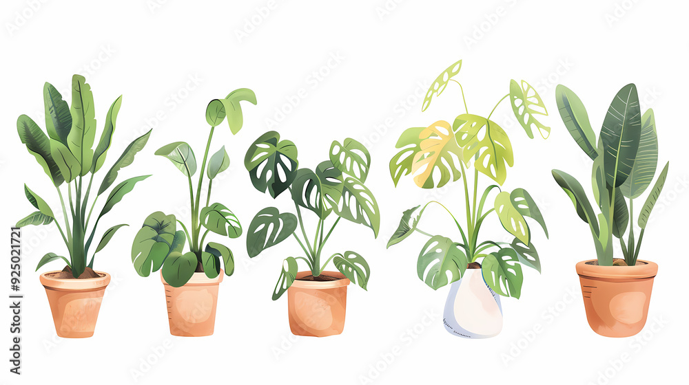 Set of different plants in pots isolated on white background illustration
