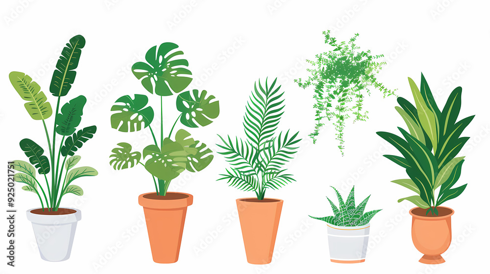 Obraz premium Set of different plants in pots isolated on white background illustration
