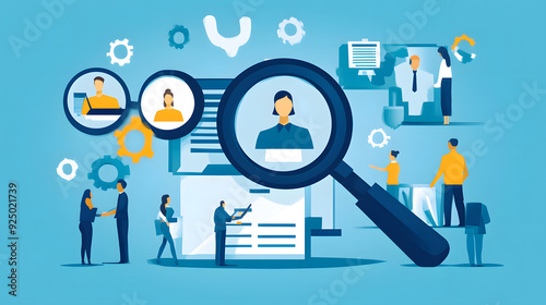 Magnifying glass highlighting a business professional among a crowd, symbolizing the recruitment process in human resource management for finding the ideal employee