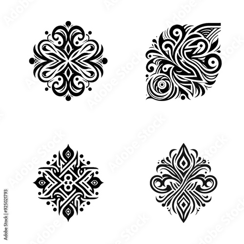 Set of four intricate black and white ornamental designs featuring swirls, symmetry, and abstract shapes for decorative use.