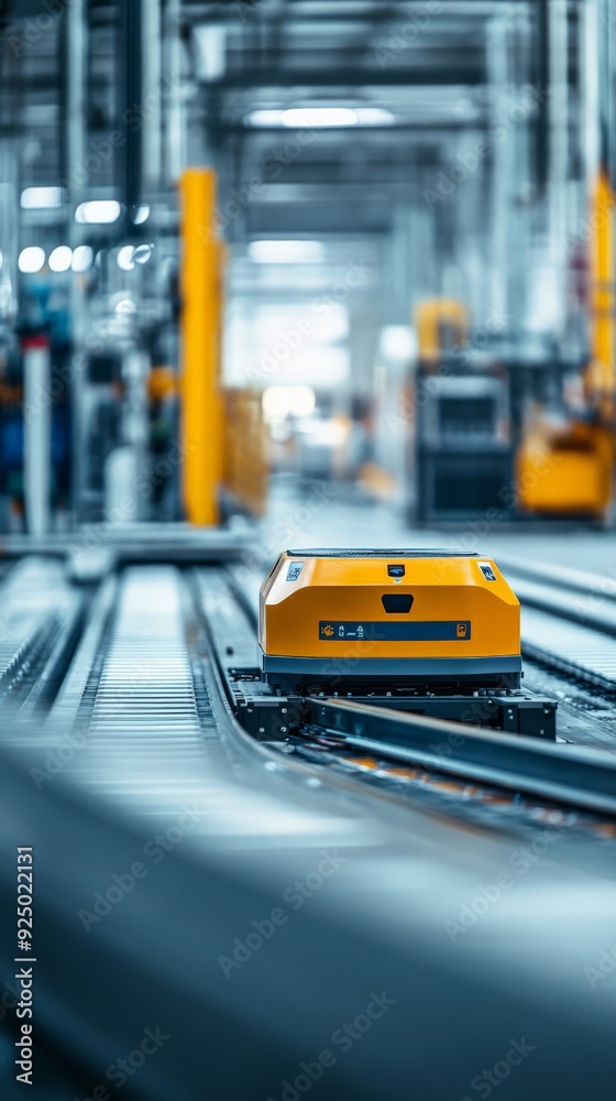 Yellow automated guided vehicle on factory floor, advanced manufacturing technology, industrial automation. Yellow automated guided vehicle on factory floor, advanced manufacturing technology, industrial automation.
