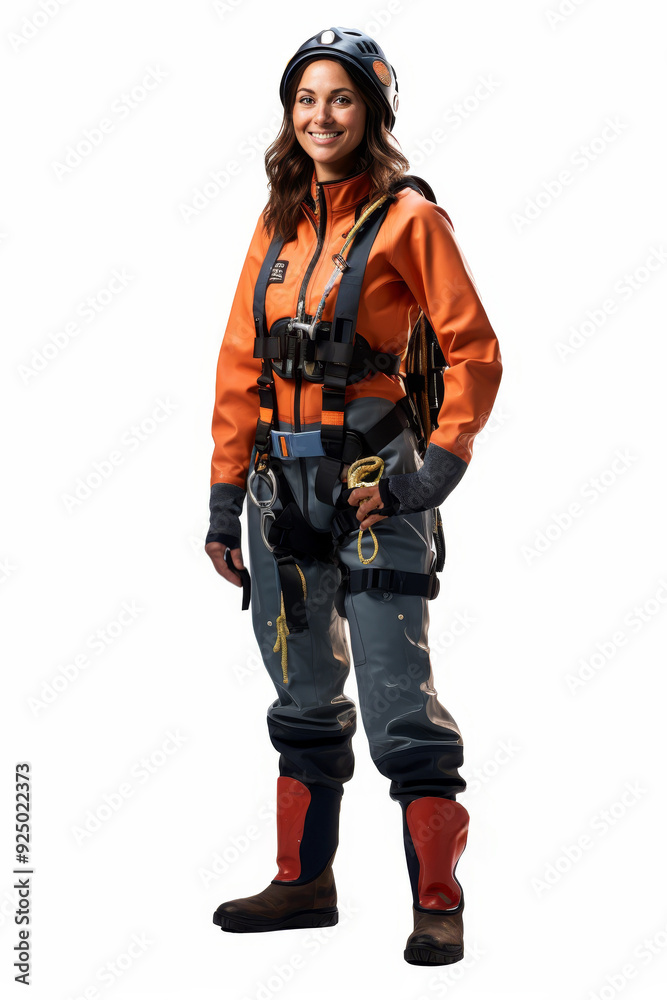 Friendly female deep sea fisher in full gear ready for adventure Friendly female deep sea fisher in full gear ready for adventure