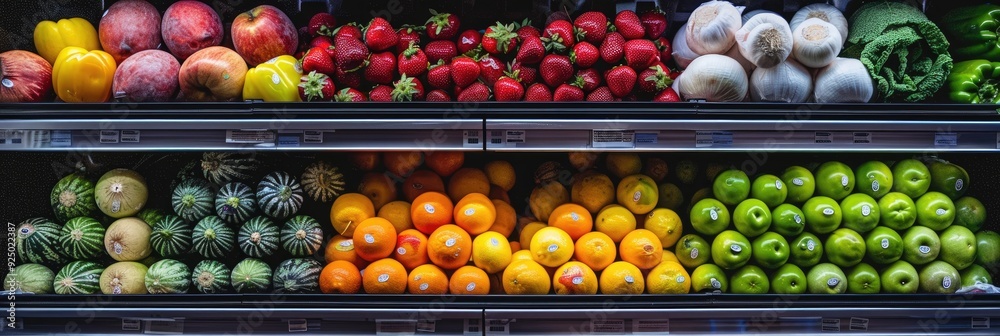 Fresh fruits and vegetables on refrigerator shelves Fresh fruits and vegetables on refrigerator shelves