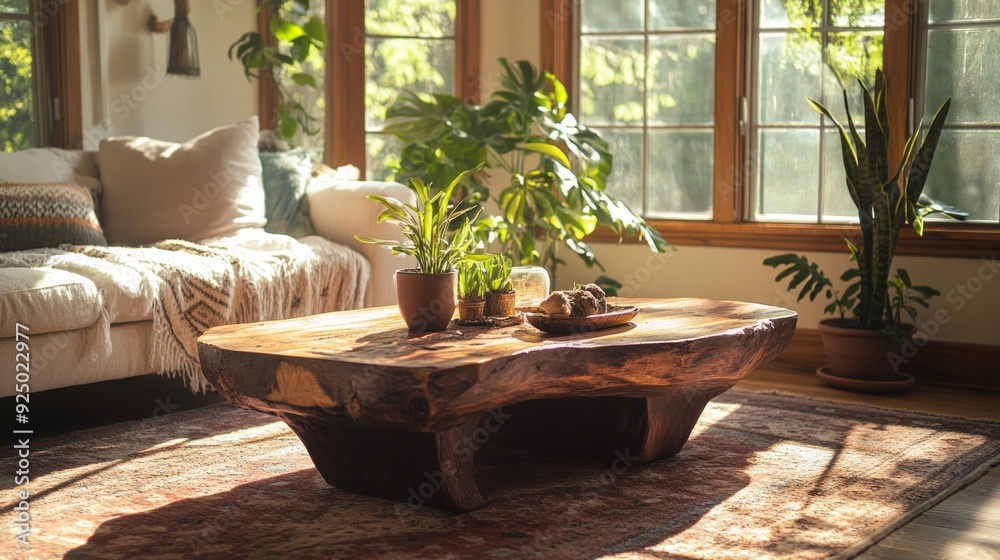 Rustic upcycled wooden coffee table in a sunlit living room surrounded by indoor plants