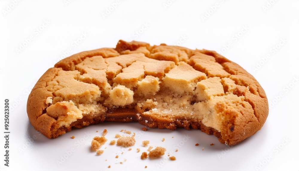 Capture the delicious detail of a half-eaten cookie with crumbs against a white background. Capture the delicious detail of a half-eaten cookie with crumbs against a white background.