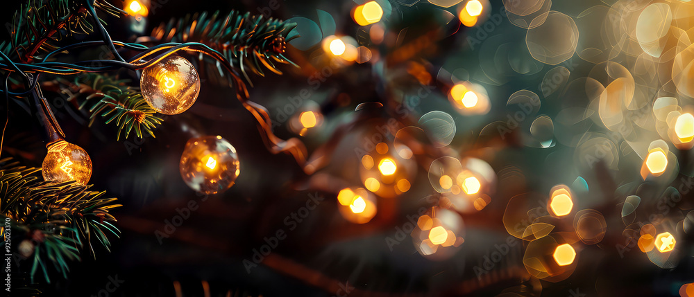Christmas and New Year minimal mockup with green fir branches, glowing lamp bulb, lights, garland. Winter holidays celebration background. Copy space. Generative ai Christmas and New Year minimal mockup with green fir branches, glowing lamp bulb, lights, garland. Winter holidays celebration background. Copy space. Generative ai