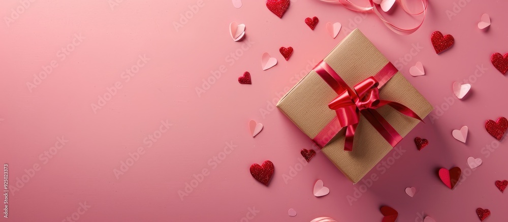 Valentine's Day celebration featuring a lovely gift, paper hearts, and a pink background with copy space image included. Valentine's Day celebration featuring a lovely gift, paper hearts, and a pink background with copy space image included.