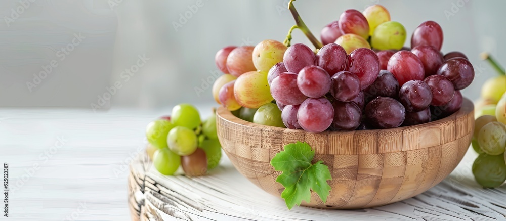 Wooden bowl filled with red and white grapes on a white wooden table with space for adding an image. image with copy space Wooden bowl filled with red and white grapes on a white wooden table with space for adding an image. image with copy space