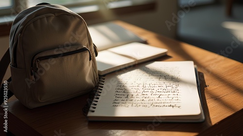 A close-up shot of a student’s hand writing in a notebook, with textbooks and a backpack on the desk, in a classroom filled with natural sunlight. photo