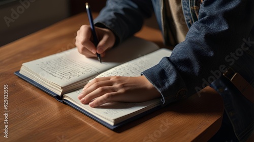 A close-up shot of a student’s hand writing in a notebook, with textbooks and a backpack on the desk, in a classroom filled with natural sunlight. photo