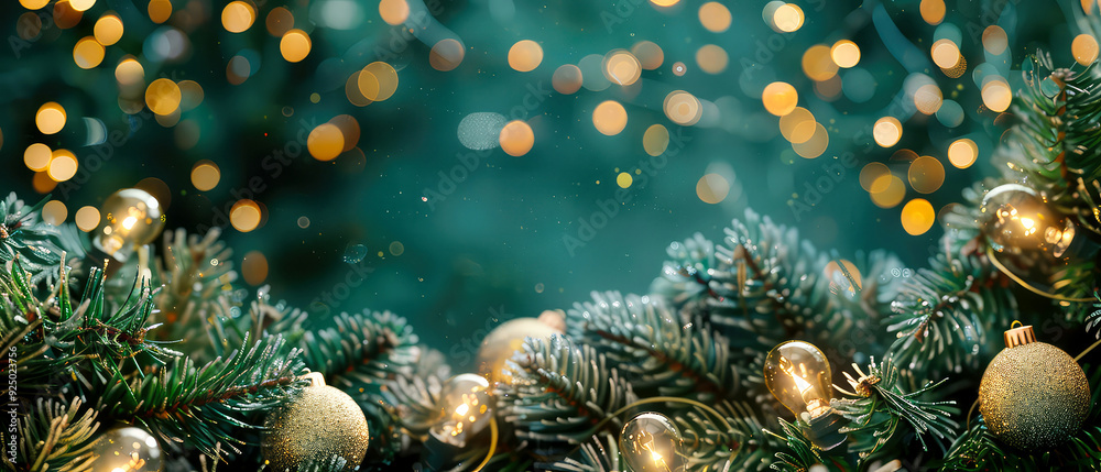 Christmas and New Year layout. Fir branches, glowing lamp bulb, golden decoration, lights, garland on turquoise background. Flat lay. Winter holidays celebration. Copy space. Generative ai Christmas and New Year layout. Fir branches, glowing lamp bulb, golden decoration, lights, garland on turquoise background. Flat lay. Winter holidays celebration. Copy space. Generative ai