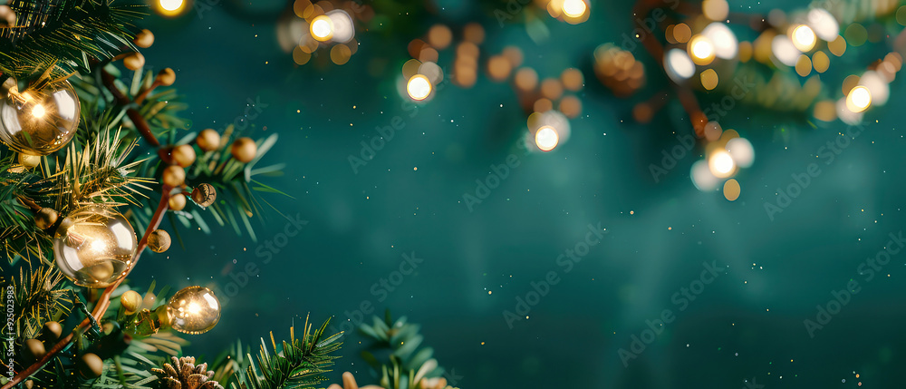 Christmas and New Year layout. Fir branches, glowing lamp bulb, golden decoration, lights, garland on turquoise background. Flat lay. Winter holidays celebration. Copy space. Generative ai Christmas and New Year layout. Fir branches, glowing lamp bulb, golden decoration, lights, garland on turquoise background. Flat lay. Winter holidays celebration. Copy space. Generative ai