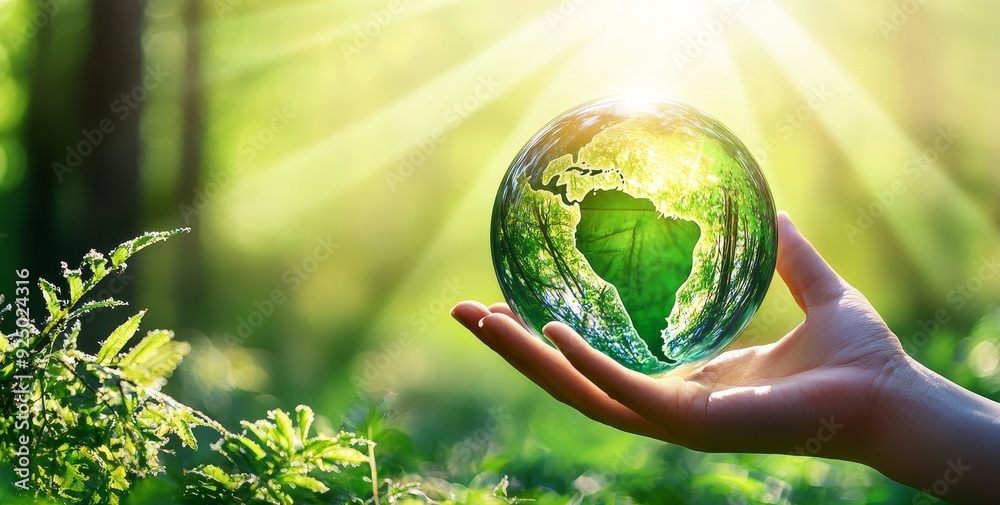 Hands holding globe glasses in a green forest - Environment Concept Hands holding globe glasses in a green forest - Environment Concept