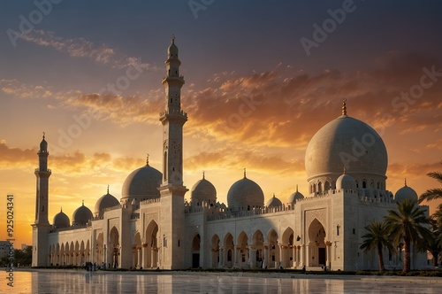 Stunning sunset view of the Sharjah New Mosque, showcasing its breathtaking architecture and intricate design