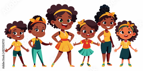 Set of young African American woman character on white background. Happy black girl
