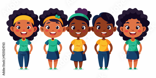 Set of young African American woman character on white background. Happy black girl
