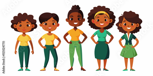 Set of young African American woman character on white background. Happy black girl
