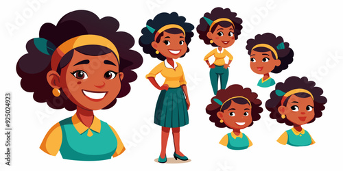Set of young African American woman character on white background. Happy black girl
