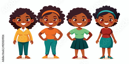 Set of young African American woman character on white background. Happy black girl
