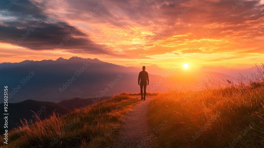 Man Walking into the Sunset over Mountains Man Walking into the Sunset over Mountains