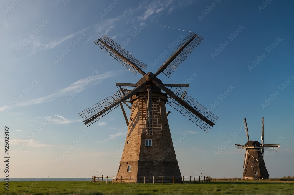 Tall windmill turbines against a clear blue sky, generating renewable energy in the serene Dutch landscape by the sea