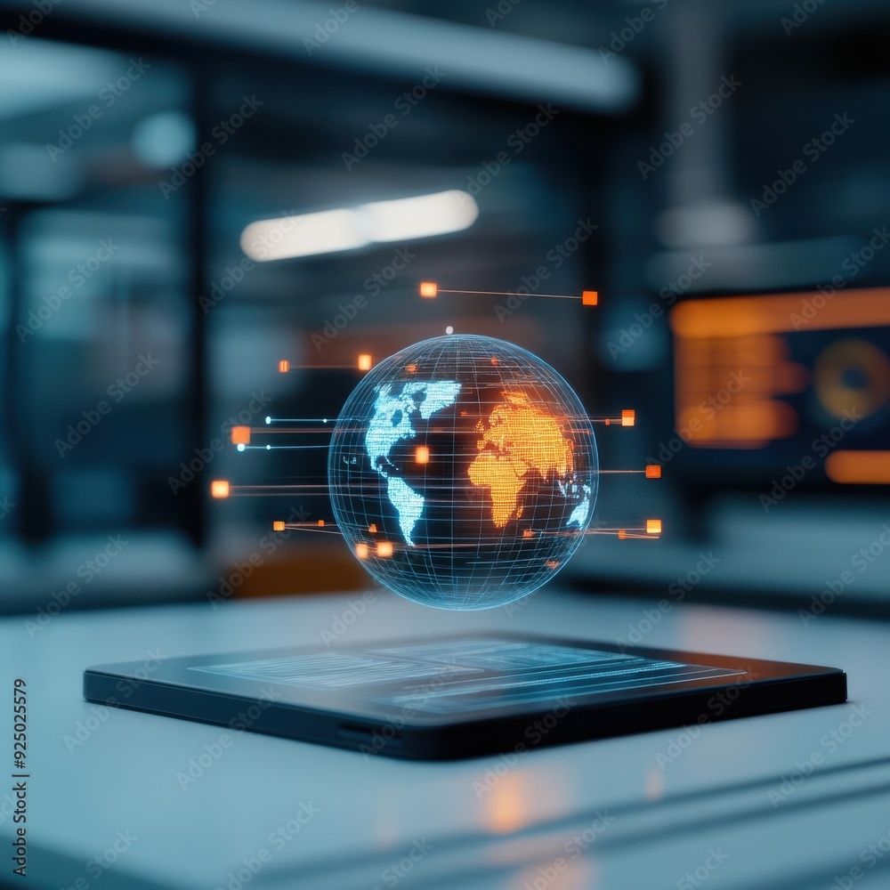 A futuristic holographic globe representing global connectivity and digital innovation in a modern workspace. A futuristic holographic globe representing global connectivity and digital innovation in a modern workspace.