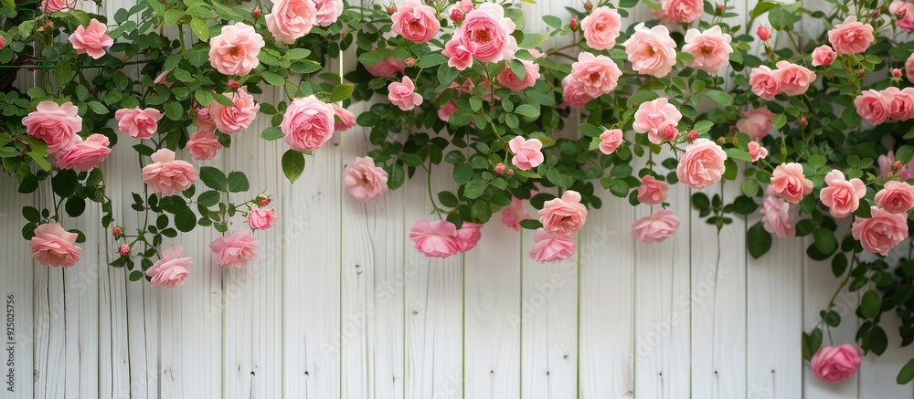 Wild pink rose bushes grow by a white fence wall in a garden, creating a floral background with copy space image. Wild pink rose bushes grow by a white fence wall in a garden, creating a floral background with copy space image.