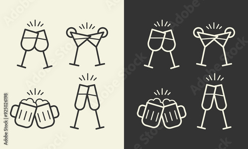 Alcohol cheers set.Two glasses of beer,wine,cocktail,sparkling wine icons.Friendship concept.Two toasting mugs,wineglasses clink symbol.Editable stroke.Transparent background.vector illustration EPS10