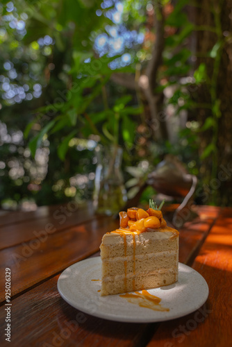 The cake on the rable in the garden photo