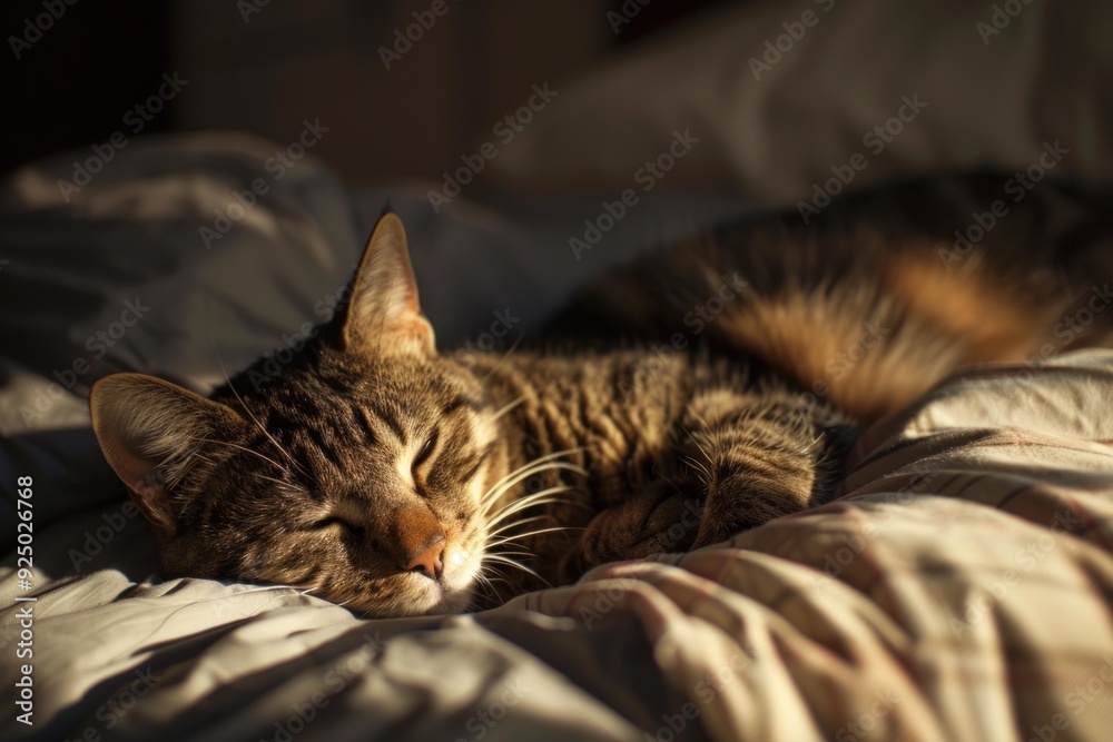 Brown tabby cat enjoys a peaceful nap in a sunbeam on a bed Brown tabby cat enjoys a peaceful nap in a sunbeam on a bed