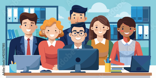 Business team at the desktop. Happy colleagues working together. Portrait of office workers
