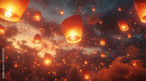 A beautiful sky filled with glowing lanterns floating in the air, creating a Chinese New Year atmosphere