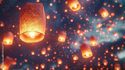 A beautiful sky filled with glowing lanterns floating in the air, creating a Chinese New Year atmosphere