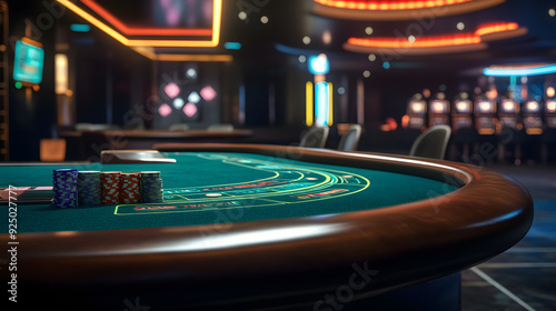 Close-up of a casino table with poker chips, highlighting the gambling atmosphere and excitement of a luxurious casino environment