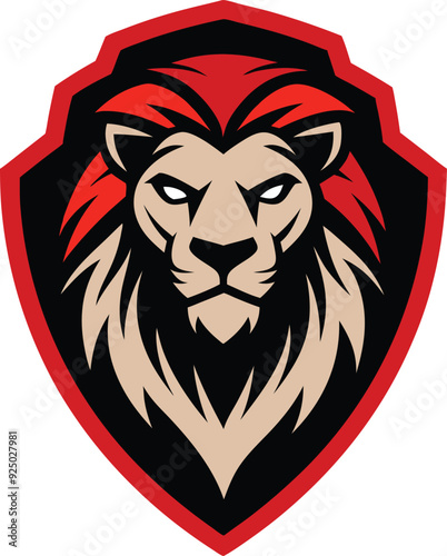 A fierce lion head with a red mane is depicted inside a black and red shieldshaped logo, symbolizing strength and power. photo