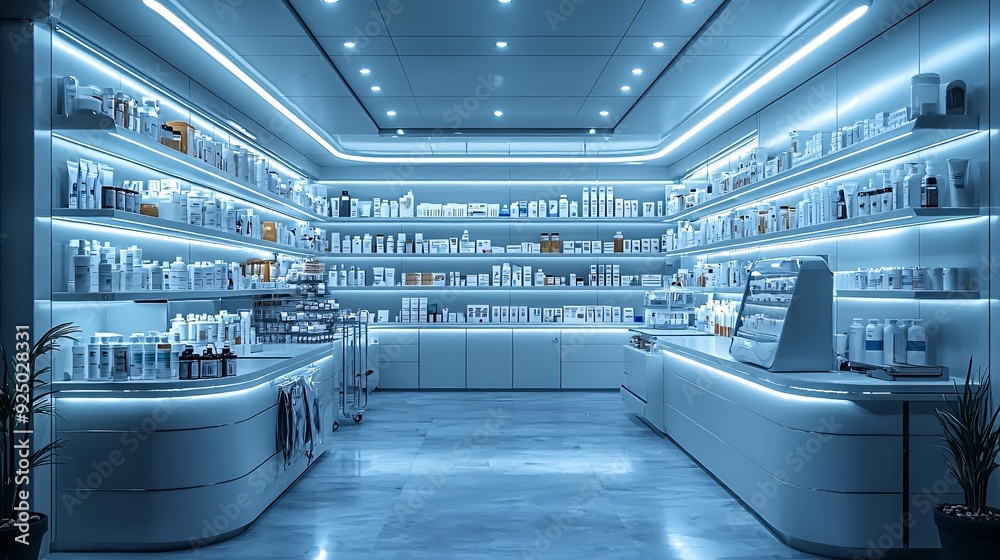 Obraz premium Modern Medical Dispensary: A sleek, well-organized room with shelves stocked with various medications, medical supplies, and advanced dispensing machines.