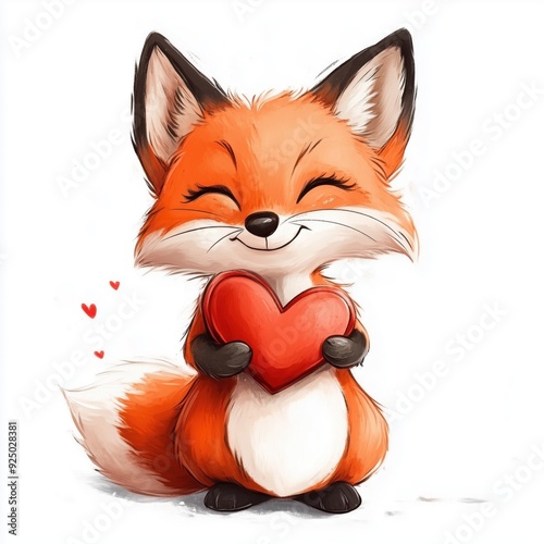 Cute little fox happily holding a heart, showcasing warmth and affection