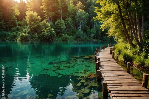 Wooden walkpath in Plitvice National Park. Splendid summer sunrise in green forest with pure water lake. photo